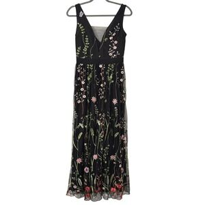 Fairy Garden Luxedo Maxi Dress V-Neck Womens M Black Floral Embroidered Wedding